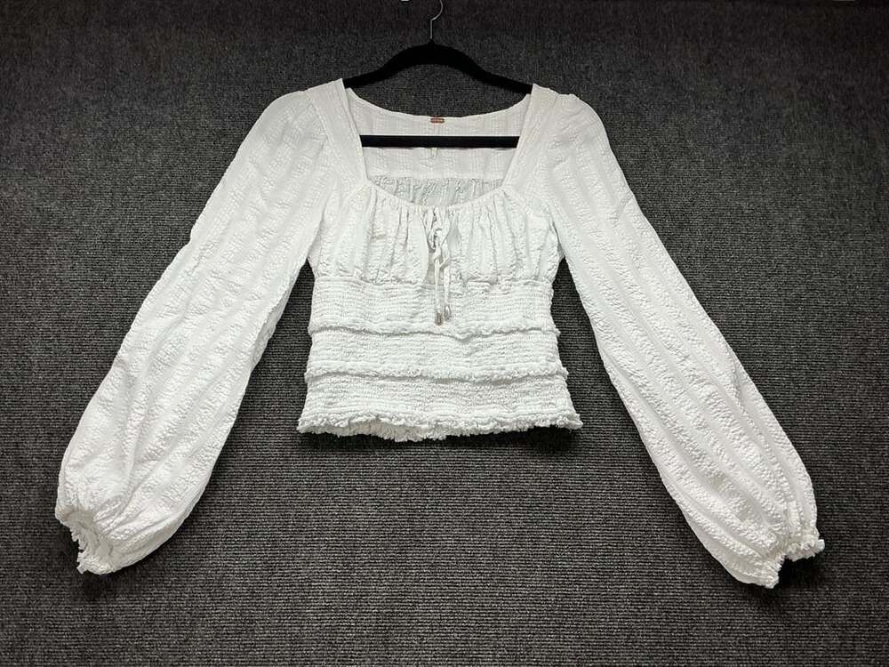 Free People Lolita Top White Smocked Long Sleeve Blouse